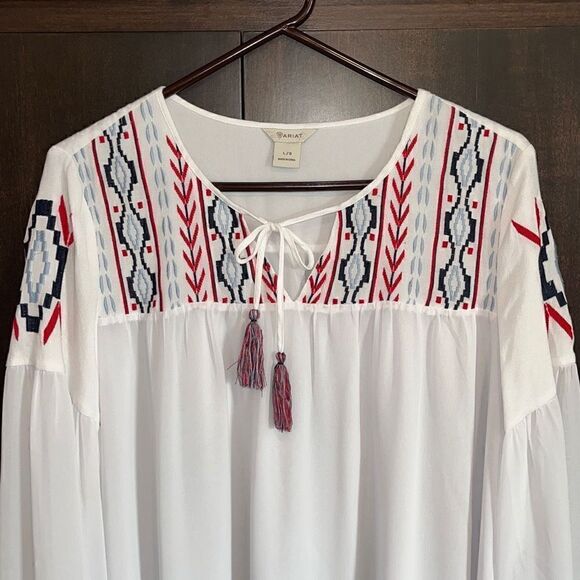 Ariat Embroidered Tassel Tie Bell Sleeve Top Large - Picture 3 of 6